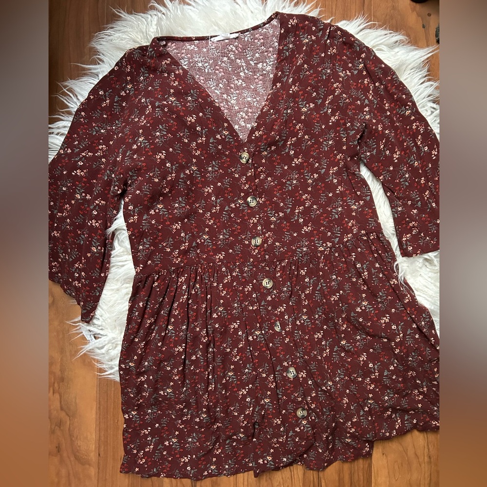 Women's Mini Dress - Burgundy Floral Button-Front